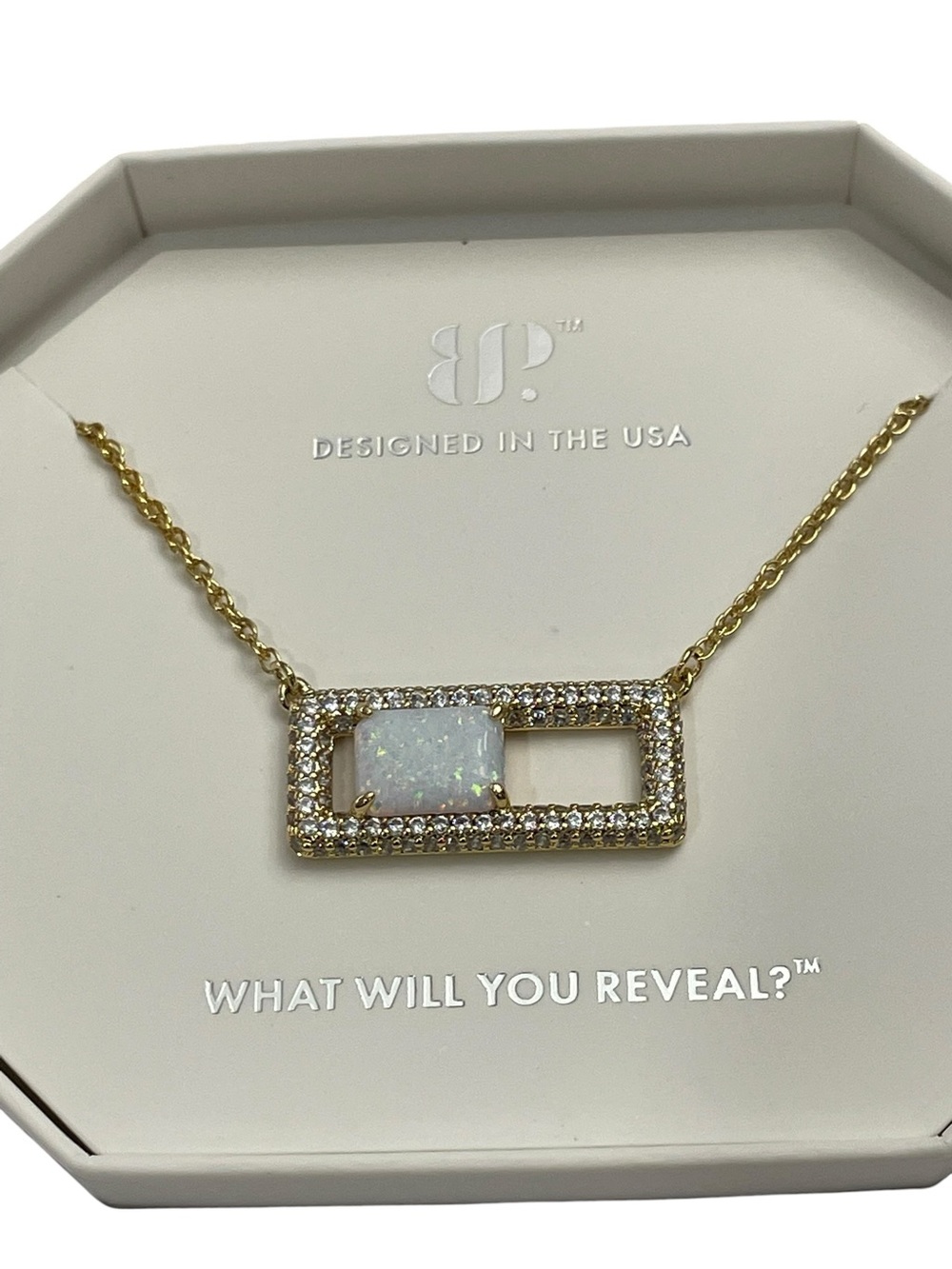 Bomb Party October Necklace “Your Spark Remembered” Gold/White Opal, New